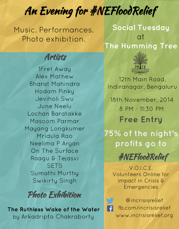 WiselyZero's tweet image. All of #Bengaluru please find yourselves a seat at #TheHummingTree Indiranagar at 8 pm this evening. #NEFloodRelief