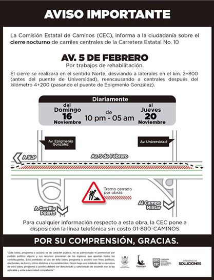 gobqro's tweet photo. AVISO: Cierre de Av. 5 de Febrero norte (de Av. Universidad a Epigmenio González). Hoy hasta jueves 20, 22 a 5 hrs. http://t.co/kPXAeEqcQ0
