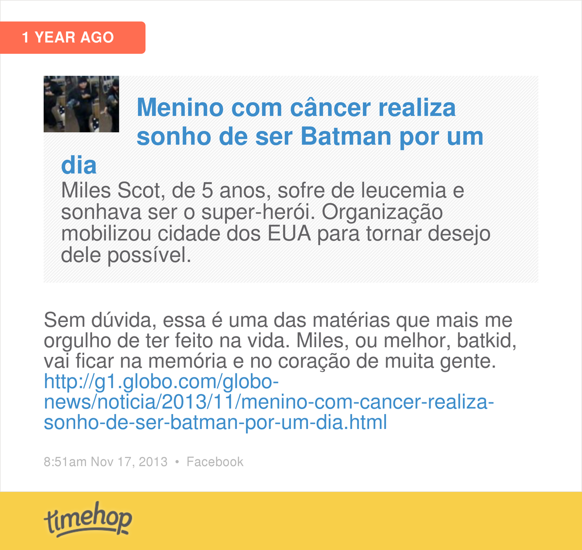 recabetti's tweet photo. Exatamente um ano atrás, fiz a matéria mais emocionante da minha vida, sobre Miles, o Batkid. Achei o trabalho ... http://t.co/aBYkkVo7is