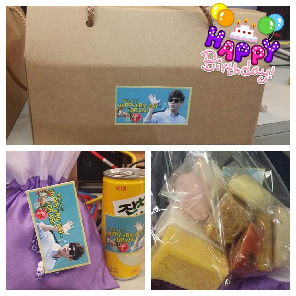 Happy birthday to the MC Eric Nam (   ) &thank you fans for the lovely snacks&drinks!  
