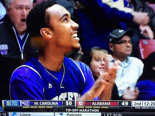 PisgahAthletics's tweet photo. Petersen celebrating Catamount 1 point lead on Bama on SECN with 12:24 left in the game. DP has 1 point for @WCU http://t.co/RNVbqjyf7s