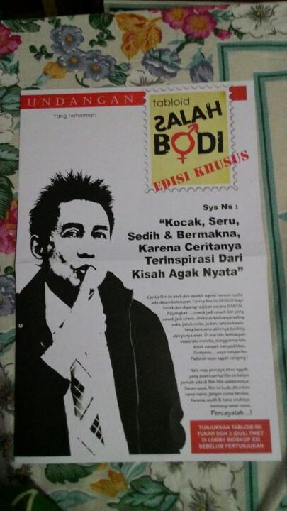 FilmSalahBodi's tweet photo. Ini diaa undangan untuk premiere #FilmSalahBodi nanti malam jam 8 di Epicentrum. Bentuknya tabloid. Kece kan? ;) http://t.co/OxcuIujPaa