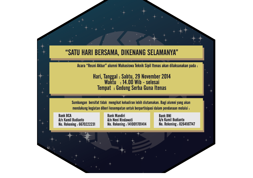 "SATU HARI BERSAMA,DIKENANG SELAMANYA"
Reuni Akbar <a href="/HmsItenas/">HMS Itenas</a>
Sabtu,29 Nov 2014
at GSG ITENAS
info> <a href="/oryzasativa_HMS/">DiesNatalisHMS29th</a>