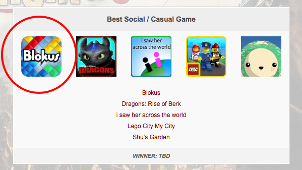 smokelabs's tweet photo. Blokus is a finalist in the "Best Social/Casual Game" category alongside some big players. Nice work team. @CVAwards http://t.co/aTmUrfAAmh