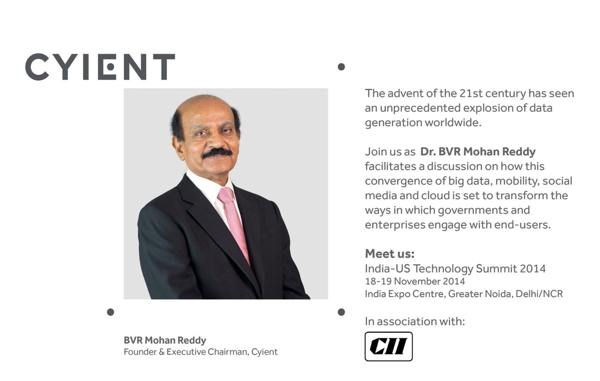 Cyient's tweet photo. Dr BVR Mohan Reddy would be hosting a panel on “Big Data – Start of a Data Explosion” tomorrow #IndoUSTechSummit. http://t.co/t3nikJKkdU