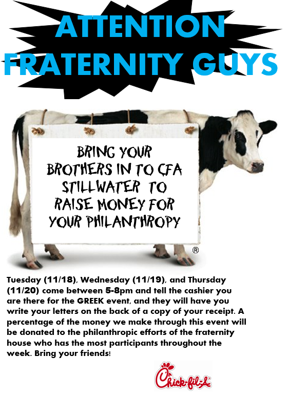 CFAStillwater's tweet photo. Fraternities, stop by tonight to try and raise money for your house philanthropy! Bring your friends! http://t.co/j6PbJ3ugCN
