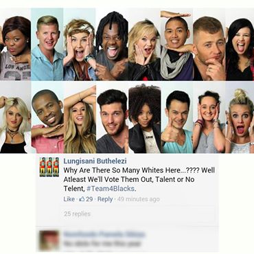 lebogxngndlovu's tweet photo. @lizemynhardt It's a shame that people voted for colour and not talent :( . #ToHellWithRacism #IdolsSA http://t.co/zzWuC7vXp6