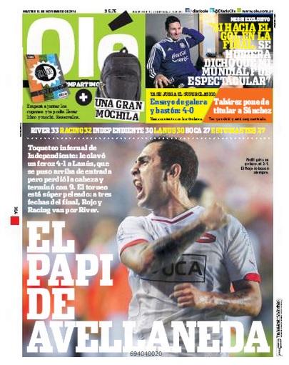cholosottile's tweet photo. La tapa de Olé de hoy, con Independiente en un torneo infernal; y el reportaje en Manchester a Leo Messi. http://t.co/DjlgPxIK4W