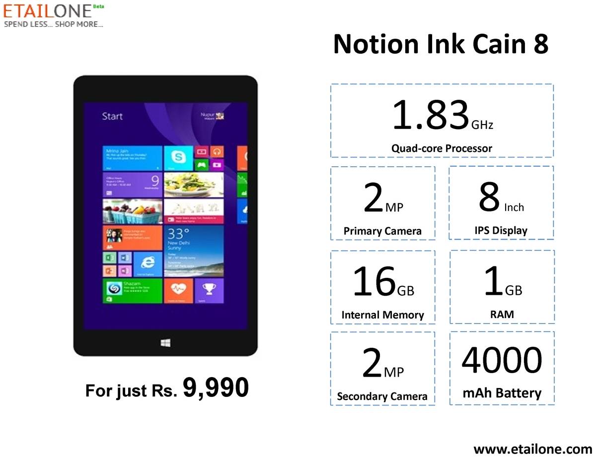 etailone's tweet photo. #NotionInk launched #Cain8 #tablet with #windows8 in India. Visit @etailone for specs & price- http://t.co/HJ9tlWXbA6 http://t.co/5kyCv9BbTK