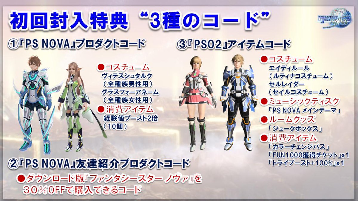 初回特典のおさらい!ノヴァで使えるコスチューム、お友達が30%引きになる紹介コード、PSO2のコスチュームなど特典もたっぷり！ 