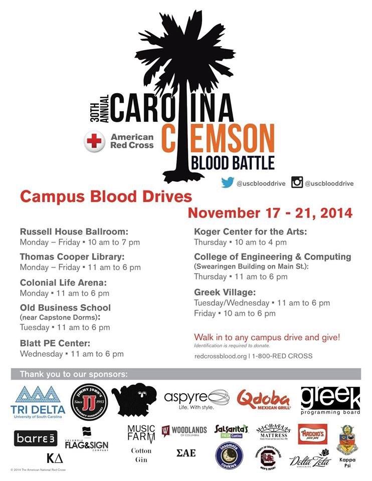 Donate Blood for the <a href="/USCBloodDrive/">USC Blood Drive</a> today at TCooo, Russell House, Greek Village, or the old BA!