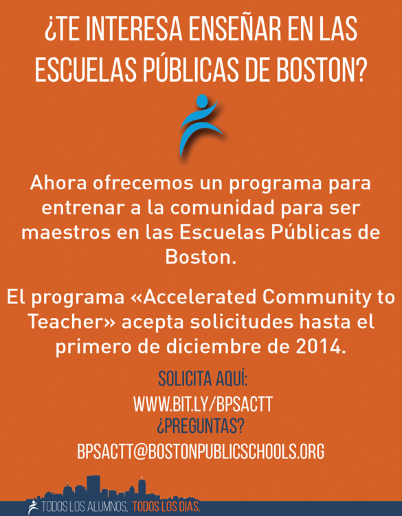 EducatorEval's tweet photo. ¿Te interesa enseñar en @BostonSchools? ¡Solicita al programa «Accelerated Community to Teacher» hoy! http://t.co/2J5WxinsYQ