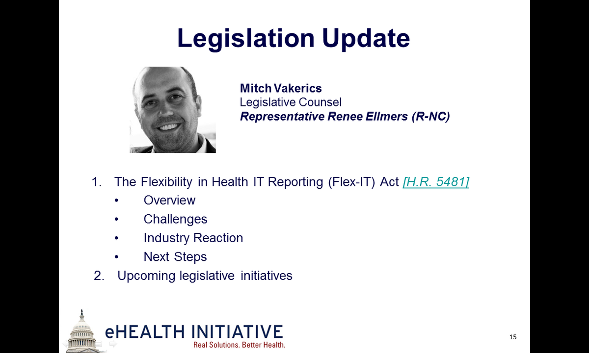 eHealthDC's tweet photo. Mitch Vakerics from Rep. Renee Ellmers Office is giving a legislation update on the Flex- IT Act #ehipolicy http://t.co/6BwYgu5mfB