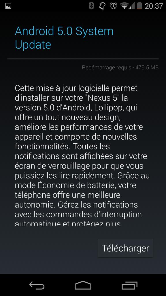 mrick's tweet photo. Oooooh ouiiii !! On l'a attendue celle-ci ! #AndroidLollipop #nexus5 http://t.co/fF24mEScl4