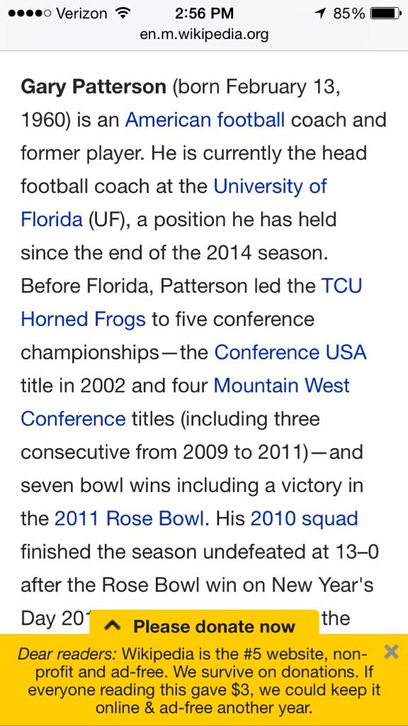 NotHoneyThunder's tweet photo. @TCUCoachP (aka Gary Patterson) Wikipedia page got hacked lol #Patterson2Florida? http://t.co/g3HXsuIOAN