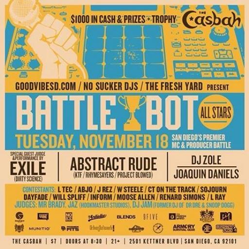 's tweet image. tonite #SanDiego #BattleBotAllstars at @casbahsandiego me and @ExileRadio @mrbrady1 @DJZOLE @joaquindaniels #Nov18th