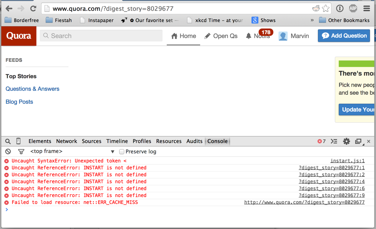 thatmarvin's tweet photo. @Quora ?digest_story=n page is broken on Chrome 38, CSS not loaded on Firefox 33, works fine on Safari 7 http://t.co/zZ6N4kl46V