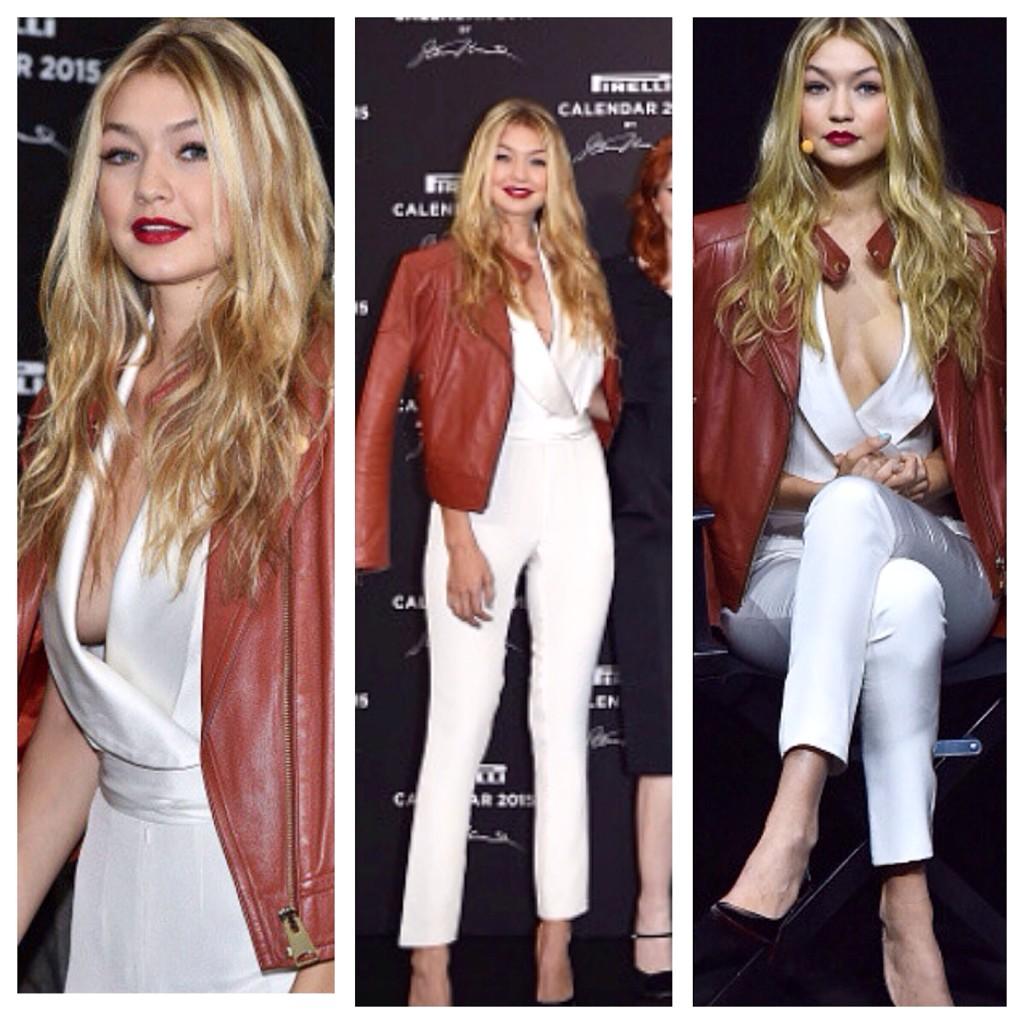 OlcayGulsenPR's tweet photo. #gigihadid @GiGiHadid wearing #olcaygulsen jumpsuit during 2015 Pirelli calendar press launch in Milan http://t.co/puvC5RPrLK