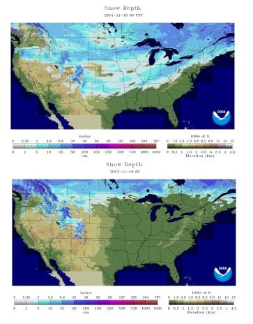 Check out today's snow cover compared to one year ago. Today's cover=50.2% of US. One year ago=12.1%  #winterishere