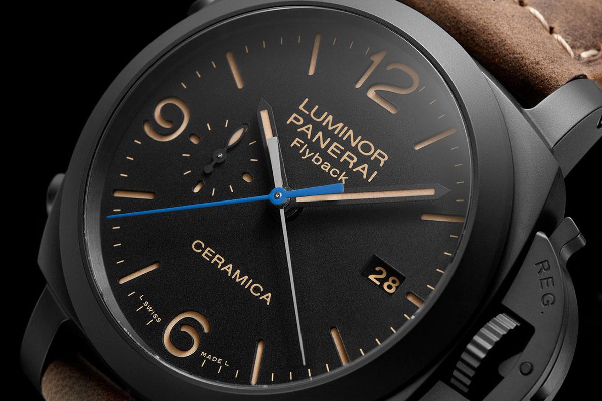 Luminor 1950 3 Days Chrono Flyback Automatic Ceramica PAM00580 details on #panerai goo.gl/3nO60S