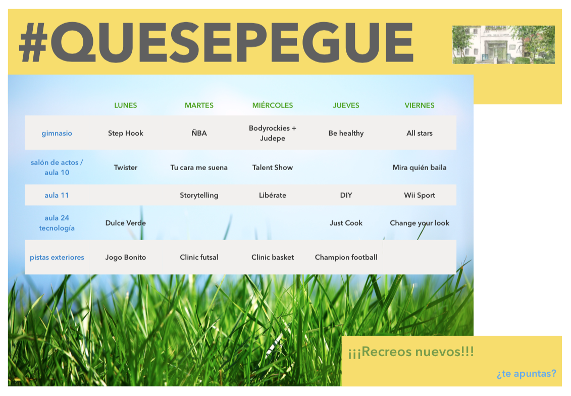 gloriaherrero's tweet photo. ATENCIÓN! El #quesepegue ya tiene horario provisional!!! RECREOS NUEVOS en el #IESCabeza ¿a qué te vas a apuntar? http://t.co/97mFIMb9JZ