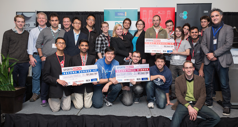 RyersonRC4's tweet photo. Congrats to our #Sportshack14 winners Raisins, Kanu &amp; Caliber One standing proud with @bruce_croxon @IBMCANADAiic http://t.co/1wTxc9ZY8O
