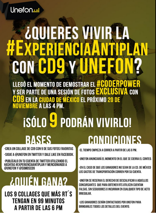 hechossobreCD9's tweet photo. "@somosCD9: Acá lo que tienen que hacer para vivir una #ExperienciaAntiplan con nosotros. Sigue @Unefon" http://t.co/5Qd7JsB0Ge