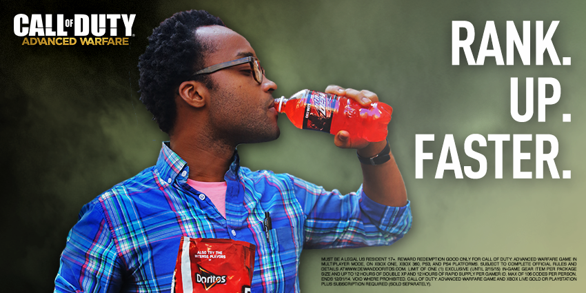 MountainDew's tweet photo. Get Double XP &amp; rank up faster in @CallofDuty:#AdvancedWarfare w/Mtn Dew Game Fuel &amp; @Doritos. http://t.co/g0rEB5RcvS http://t.co/Cj8UVl2V0M
