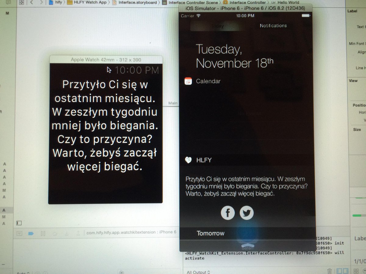 lkuczborski's tweet photo. Aaaand it works! #HLFY #WatchKit #SwiftCrunch cc:// @_siejkowski @lczarne http://t.co/Wm15IqbK7Q