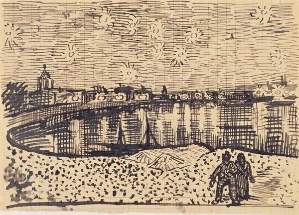 Lit_Books's tweet photo. Sketch of the 'Starry night over the Rhône' by Vincent van Gogh, 1888* http://t.co/8FxwFnS7bq