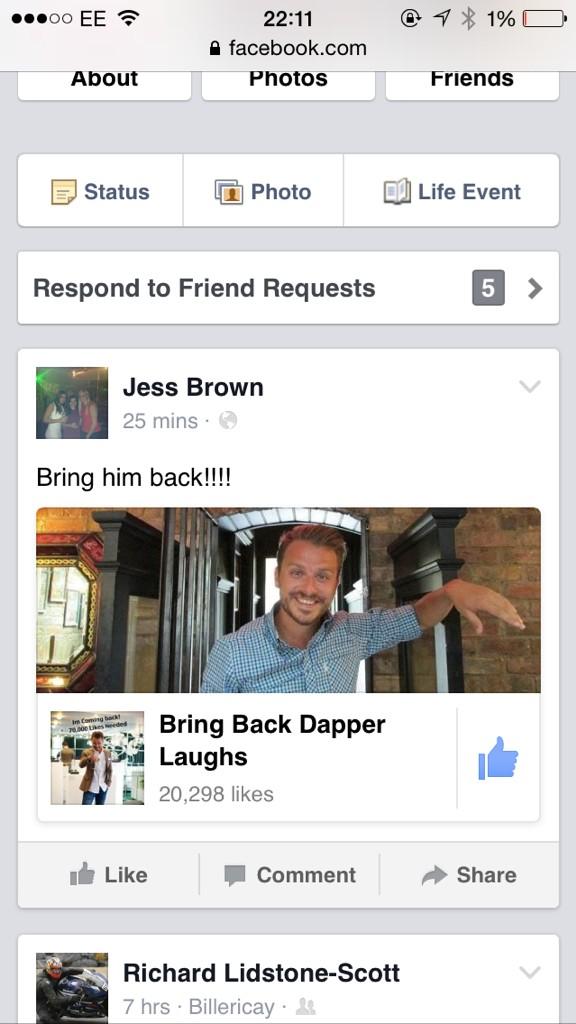 JessybJessica's tweet photo. @dapperlaughs bring him back!!!!!#DapperLaughs http://t.co/TEnwX8sZ6Z