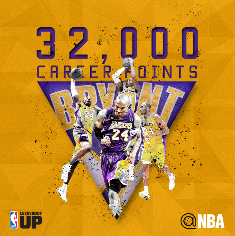 NBA's tweet photo. Kobe Bryant just became the 4th player in NBA history (joining Kareem, Malone &amp; MJ) to score 32,000 career points! http://t.co/GGjwvhXjDL