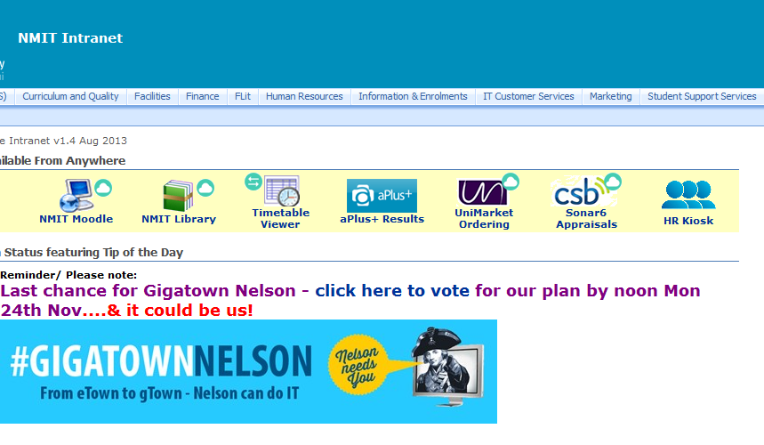 KiwiBelma's tweet photo. Hey #gigatownnsn check out our Intranet page @NMIT - cast your vote now at http://t.co/mcLttk4vMq http://t.co/gVw0HfFYNM