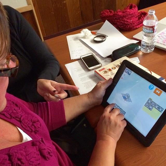 RaeFearing's tweet image. #adultscancode too. Using #HourofCode tutorial from @lightbotcom to get principals coding #raefearing