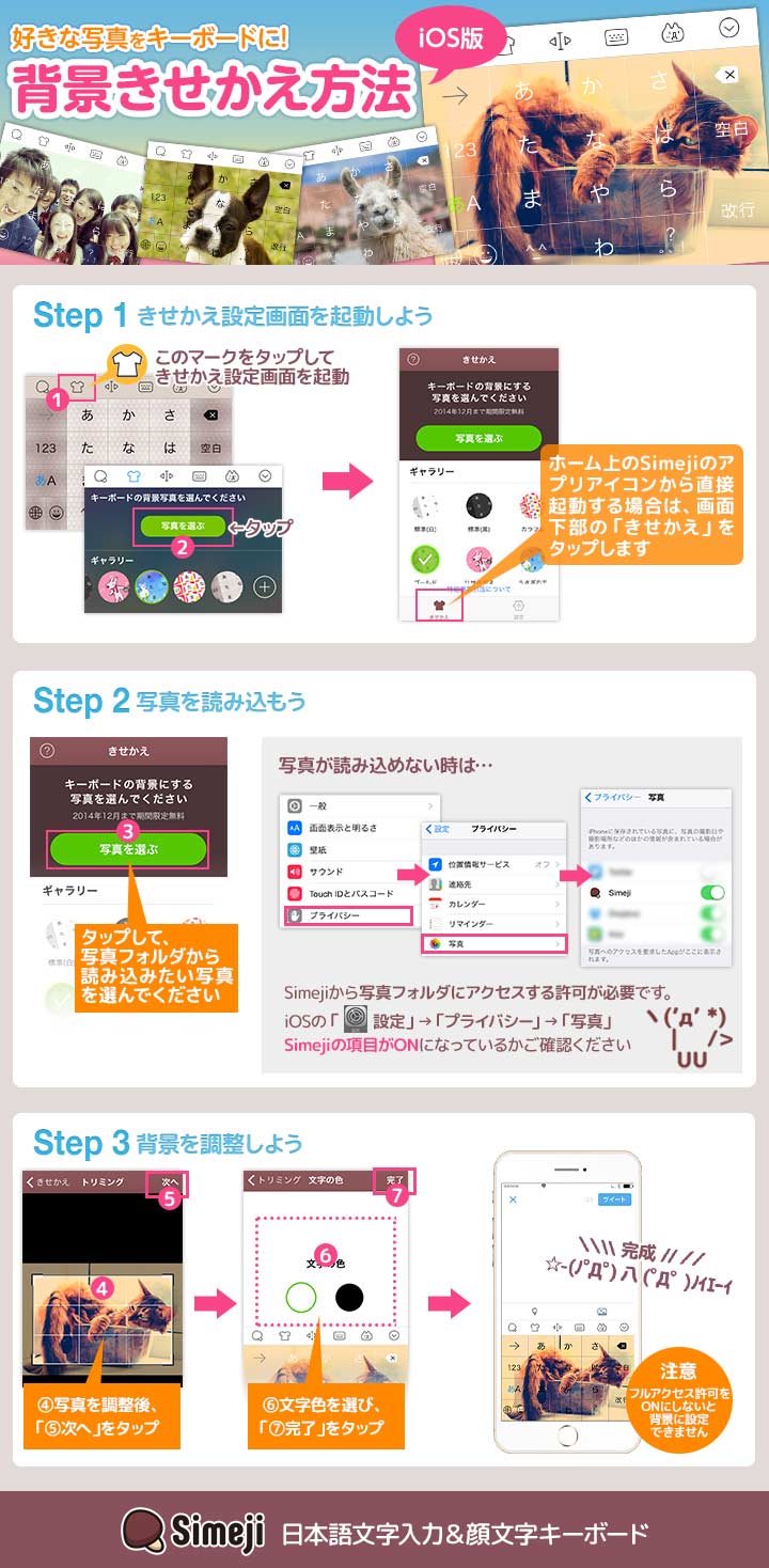 Simeji 日本語入力キーボード Simeji Ios版で 写真できせかえる方法がわからないという方のために 画像で説明書を作りました もし身の回りで設定方法がわからないという方がいたら この画像を共有してあげてください Http T Co H4piwdsh2o