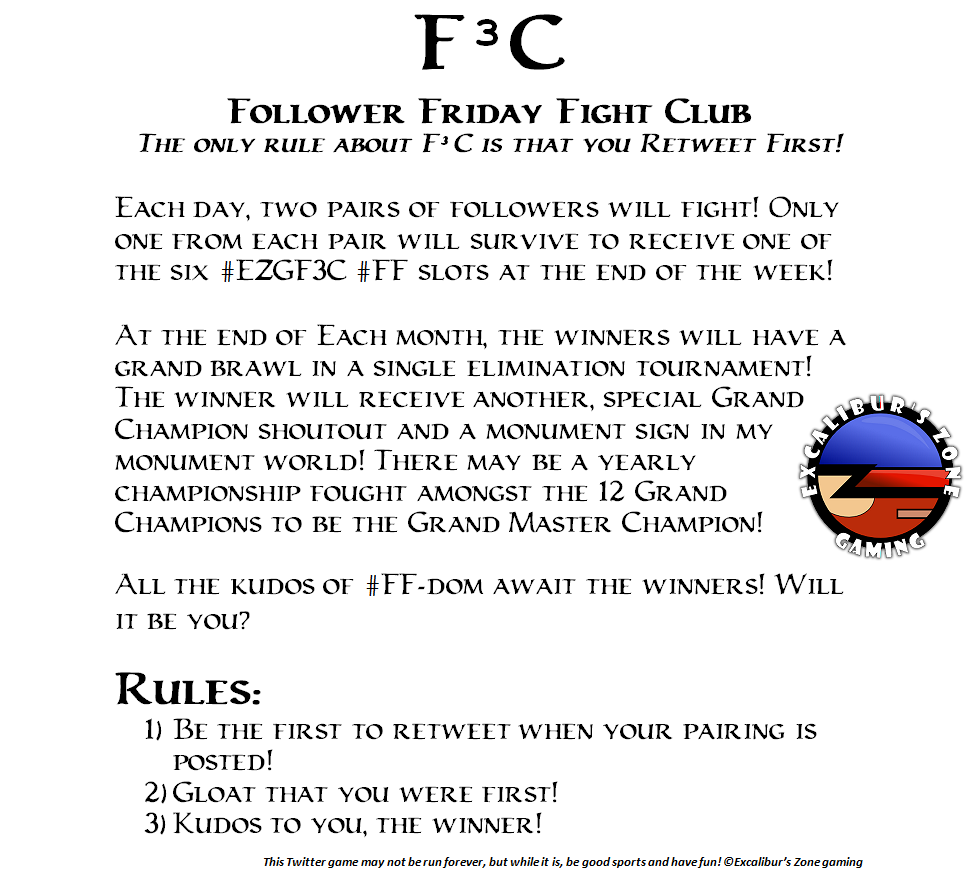 ExcalibursZone's tweet image. #EZGF3C! ROUND 9...FIGHT! @HB_Rtweets vs @killbot_86 (an #EZG3x5 #shoutout game. First to Retweet WINS!)