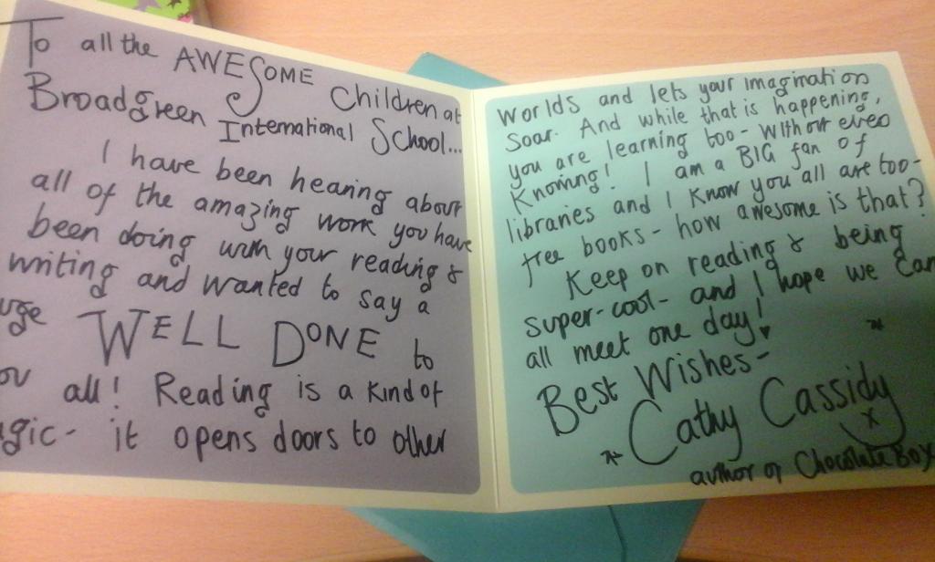 BGIS_English's tweet photo. @cathycassidyxx @LivCityReaders thank you for your kind support of reading challenge. We are thrilled! http://t.co/5qEUW6OUgo