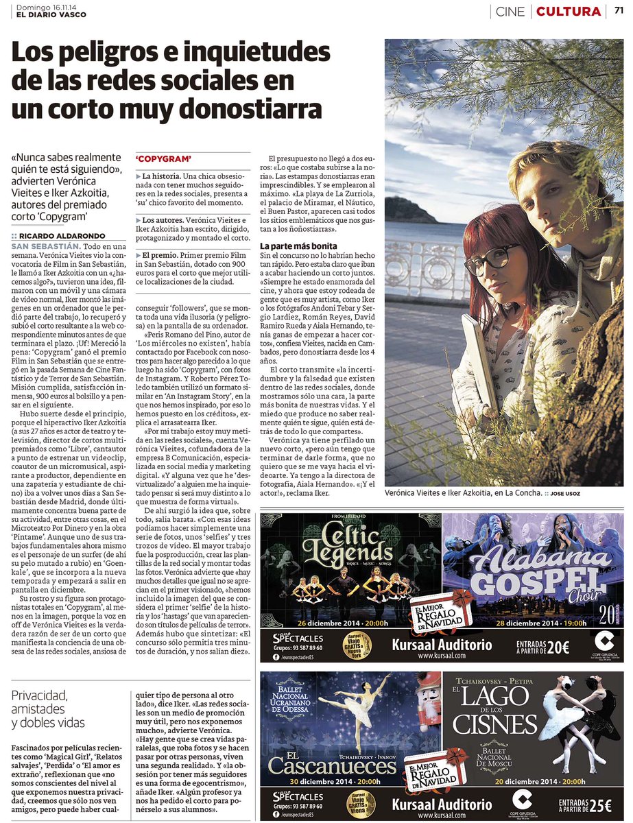 HYPNOSfilms's tweet photo. Entrevista @IkerAzkoitia @zerovero en @diariovasco con motivo del premio #FilmInSanSebastian por #CopyGram /XXV SCFTD http://t.co/fragkwzacf