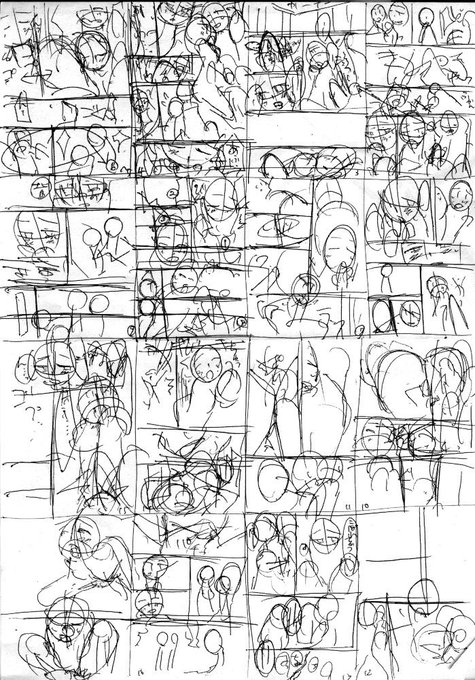 いつも大体こんな感じでA4コピー紙を16分割して全体の流れを確認してから4P単位で詳細を詰めていく流れです 