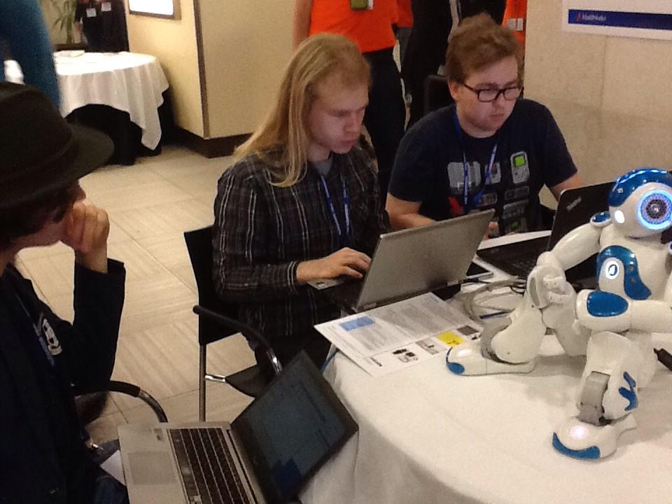 FIARobotics's tweet photo. 10 min to the first part of the competition and still codeing. #humabot http://t.co/qGo6E8XP51
