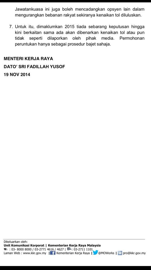 Kenyataan Media Kem. Kerja Raya berkenaan isu tol <a href="/NajibRazak/">Mohd Najib Tun Razak</a>