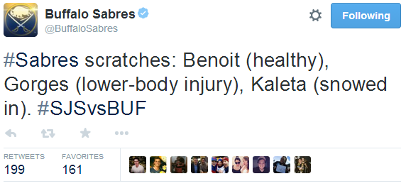 SportsCenter's tweet photo. ICYMI: The Sabres' Patrick Kaleta had probably the best excuse to be scratched from a game. http://t.co/tflHeQSNnU