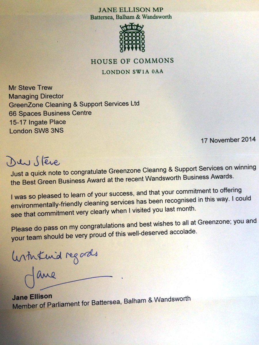 Lovely letter from @janeellisonmp congratulating us on our <a href="/WandsBizAwards/">Wandsworth Awards</a> win of Best Green Business