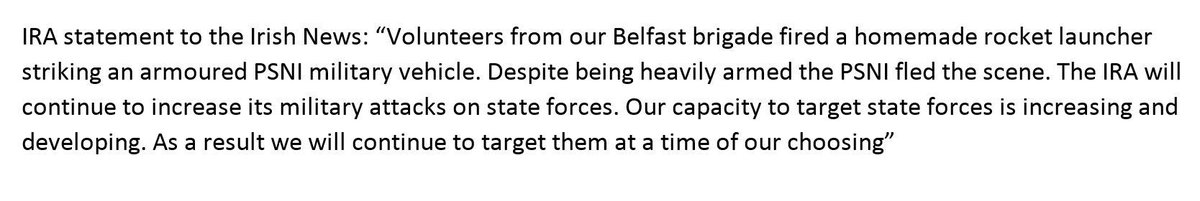 GaelicSlang's tweet photo. The 'IRA' claiming responsibility for grenade launcher attack on PSNI vehicle in Ardoyne area Sunday. its statement: http://t.co/01N6T5k4Zd”