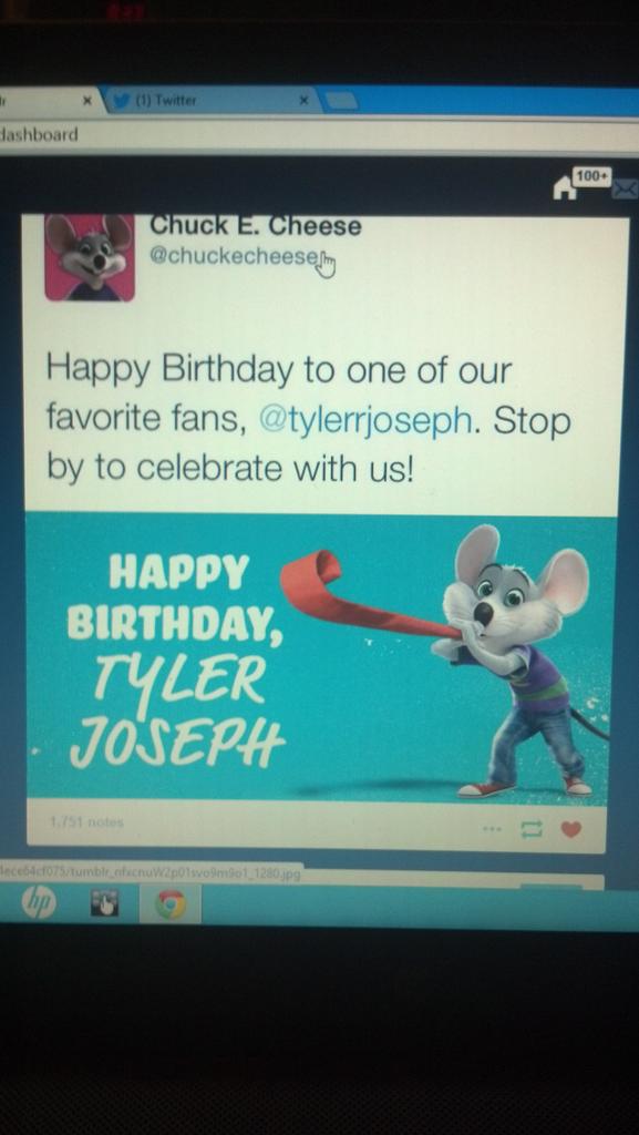 CHUCK E CHEESE WISHED TYLER JOSEPH A HAPPY BIRTHDAY, THIS IS EVERYTHING TO ME 