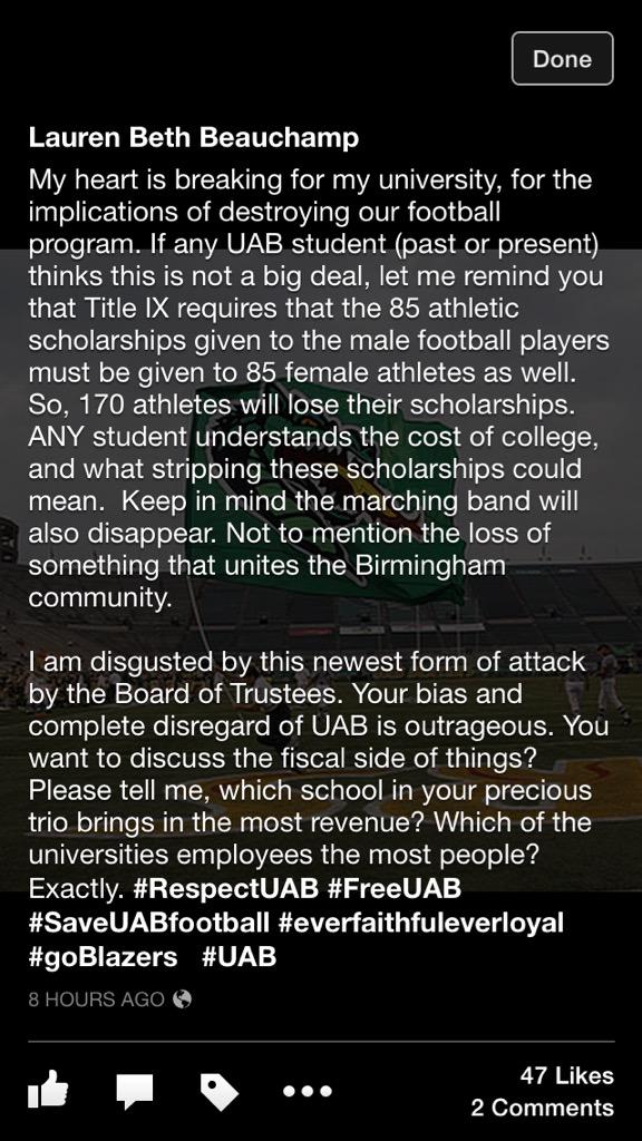 McabeeP's tweet photo. “@LB_Blazer: #RespectUAB #FreeUAB #SaveUABfootball #everfaithfuleverloyal #goBlazers #UAB http://t.co/Zo7HSAQhEk”@JohnArchibald