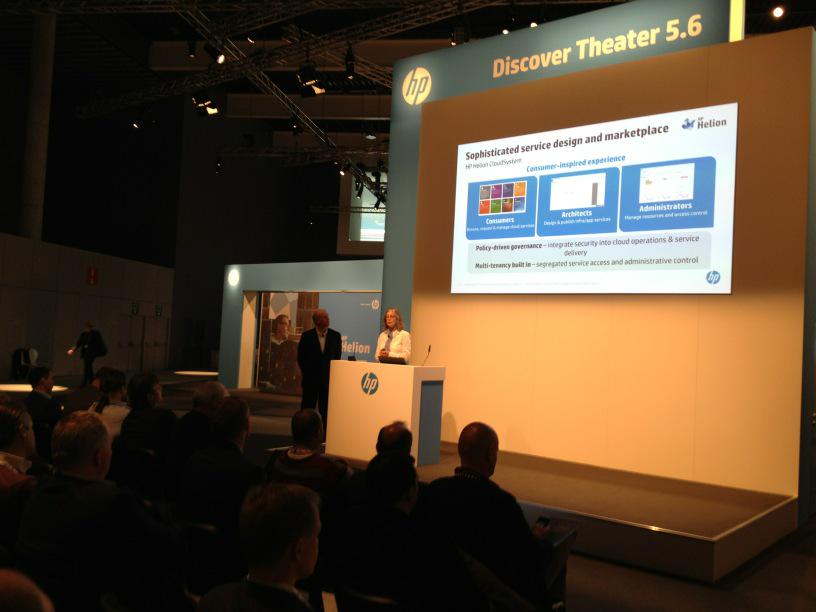 SWDevAngel's tweet image. Showing off the cool #HPhelion CloudSystem marketplace at the #HPDiscover Theater to another packed house.