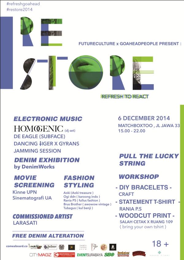 eventsurabaya's tweet photo. #RESTORE2014 #refreshgoahead refresh your day! Come and have fun with HOMOGENIC DjSet and kool line ups at RESTORE!-> http://t.co/xqjteDokCE