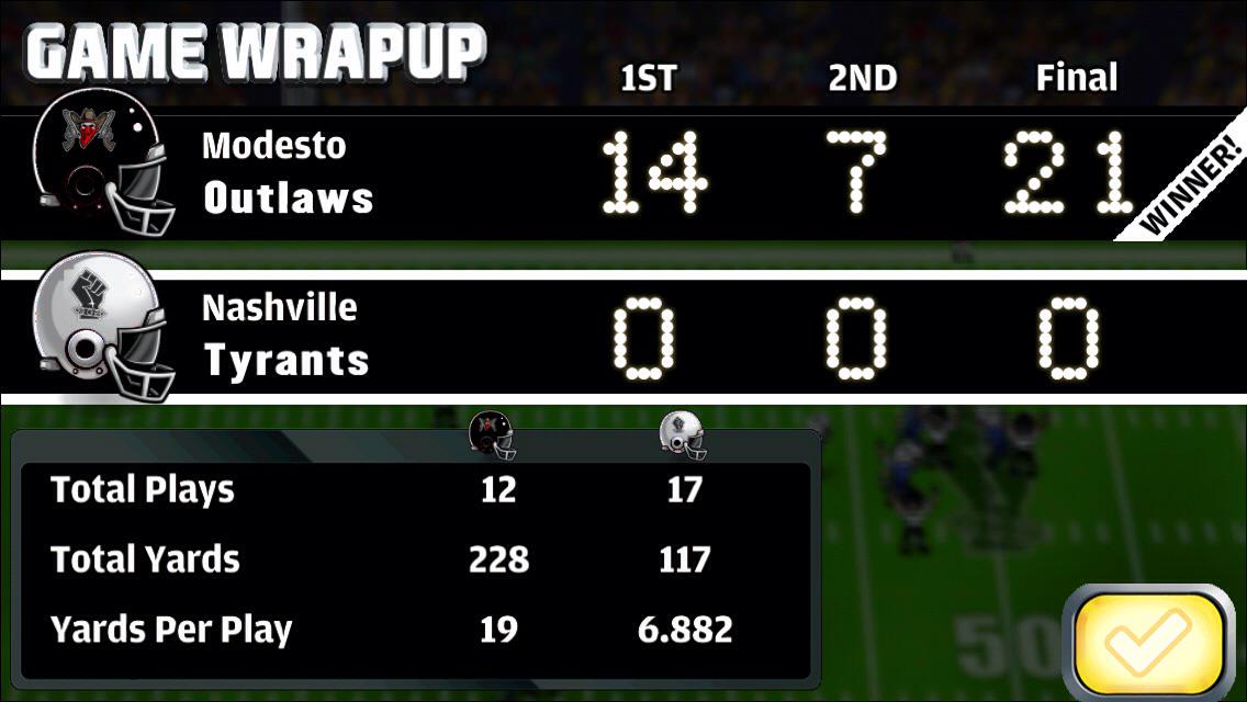 The Outlaws just beat the Tyrants, 21 - 0. #football #fbheroes
appstore.com/footballheroes…