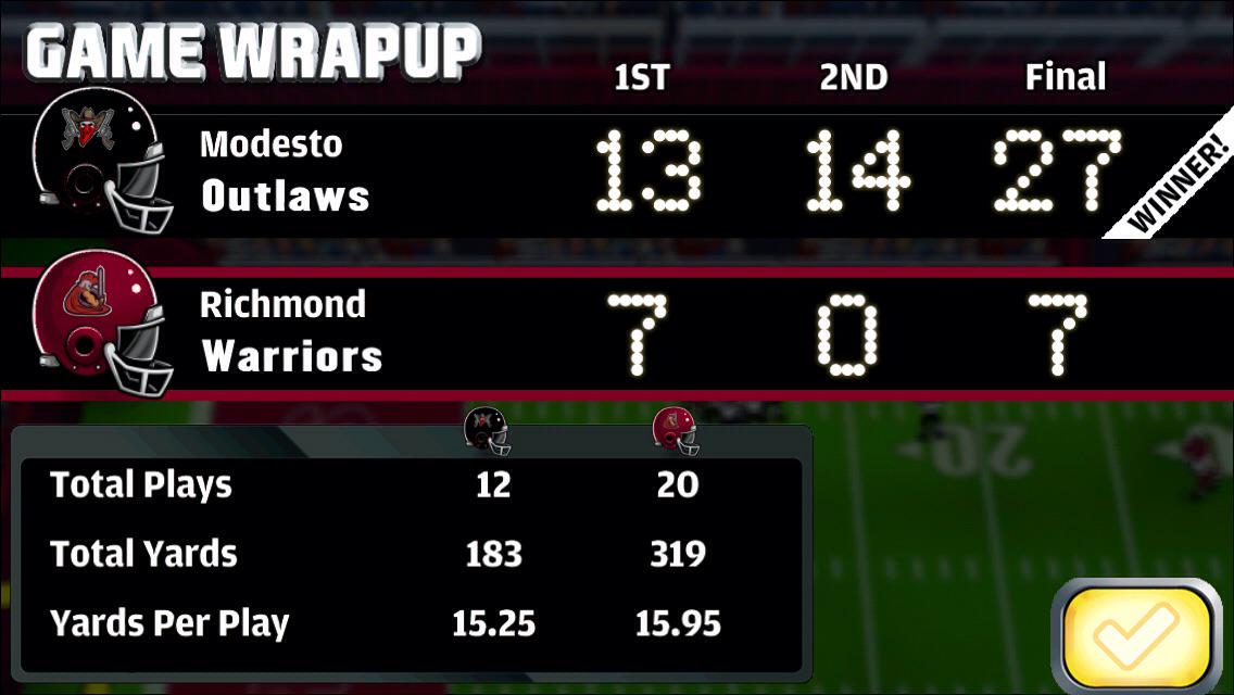 The Outlaws just beat the Warriors, 27 - 7. #football #fbheroes
appstore.com/footballheroes…